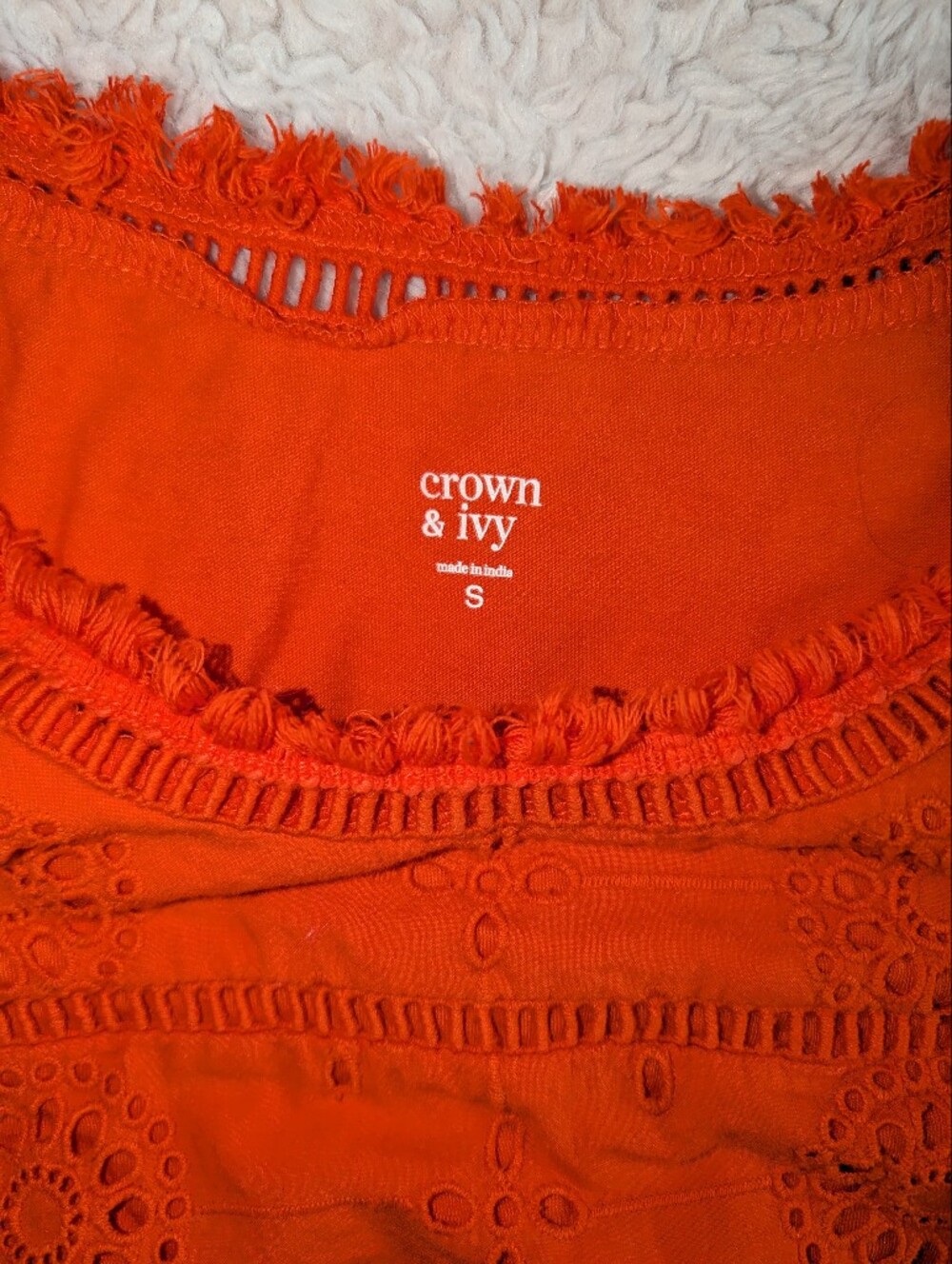 Crown & Ivy Orange Eyelet Lace Peplum Sleeveless Top Fringe Trim Small - Picture 3 of 5